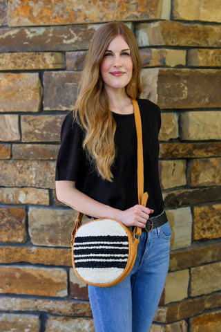 Handwoven Wool and Tan Leather Duara Bag