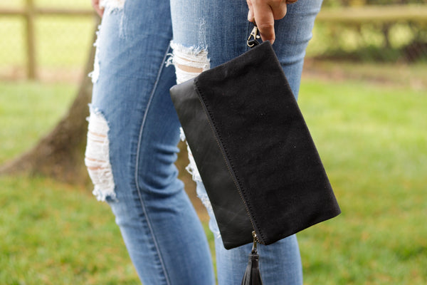 Kunja Black Leather and Black Canvas Wristlet