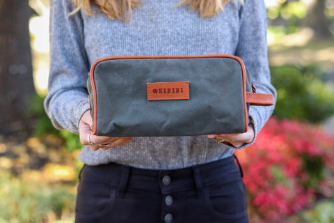 Green Canvas and Chestnut Leather Wash Bag