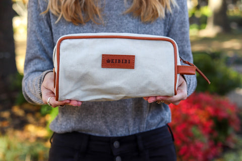 White Canvas and Chestnut Leather Wash Bag