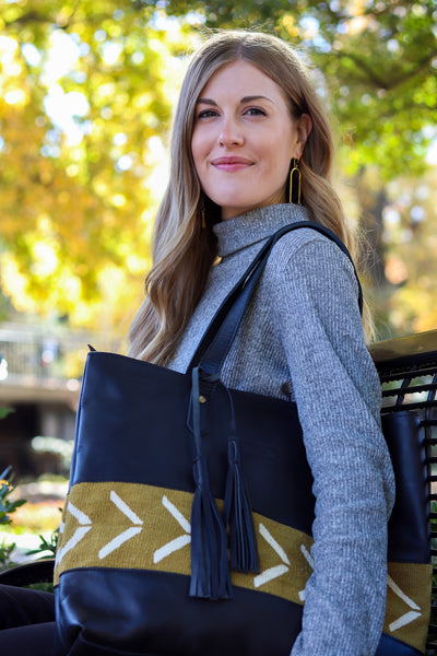 Black Leather and Mustard Mudcloth Tote