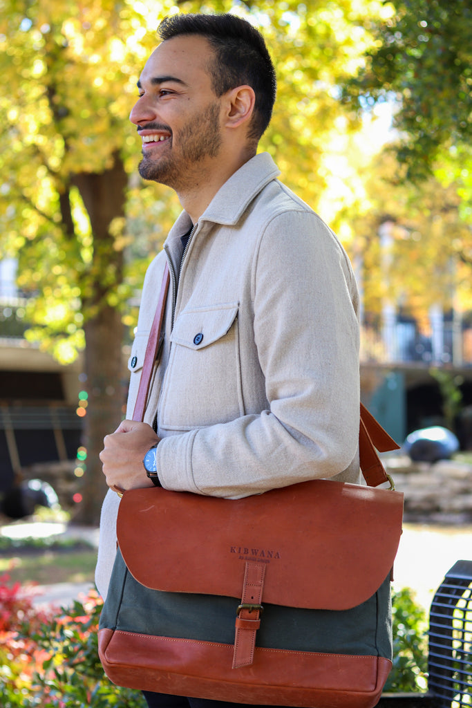 Kibwana Chestnut Leather and Green Canvas Messenger Bag