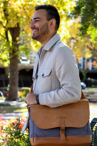 Kibwana Tan Leather and Grey Canvas Messenger Bag