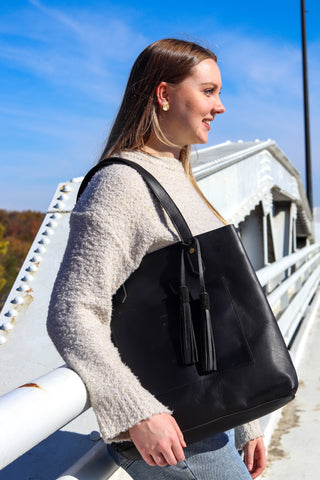 All Leather Black Tote with Outer Pocket