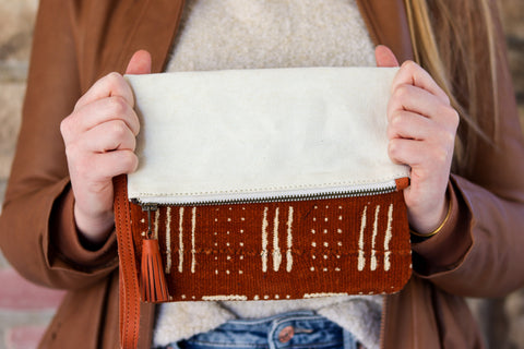 Kunja Brown Mudcloth and White Canvas Wristlet