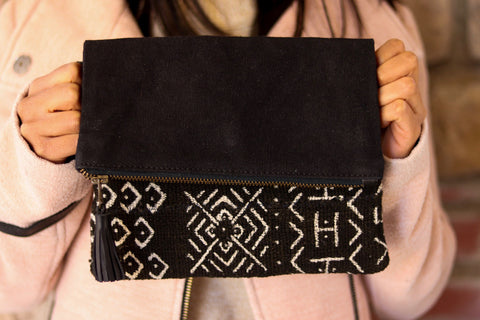 Kunja Black Mudcloth and Black Canvas Wristlet