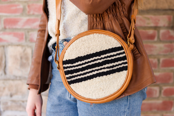 Handwoven Wool and Tan Leather Duara Bag
