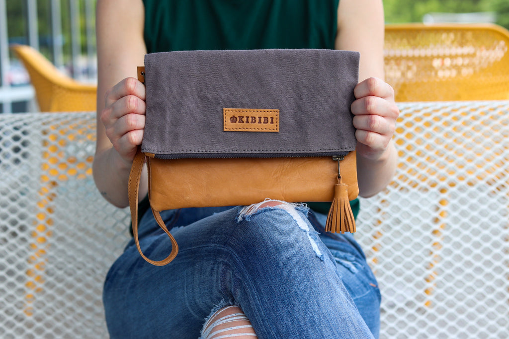 Kunja Tan Leather and Grey Canvas Wristlet