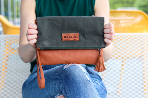 Kunja Chestnut Leather and Green Canvas Wristlet