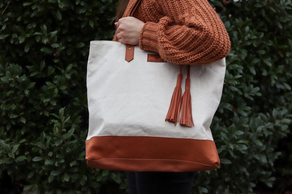 White Canvas and Chestnut Leather Tote