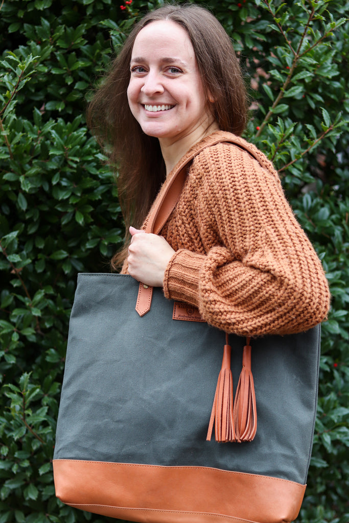 Green Canvas and Chestnut Leather Tote