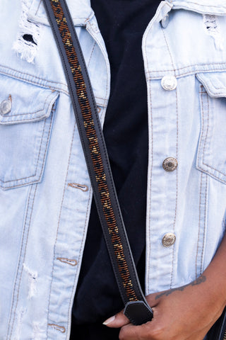 Black Leather with Leopard Beading Duara Bag