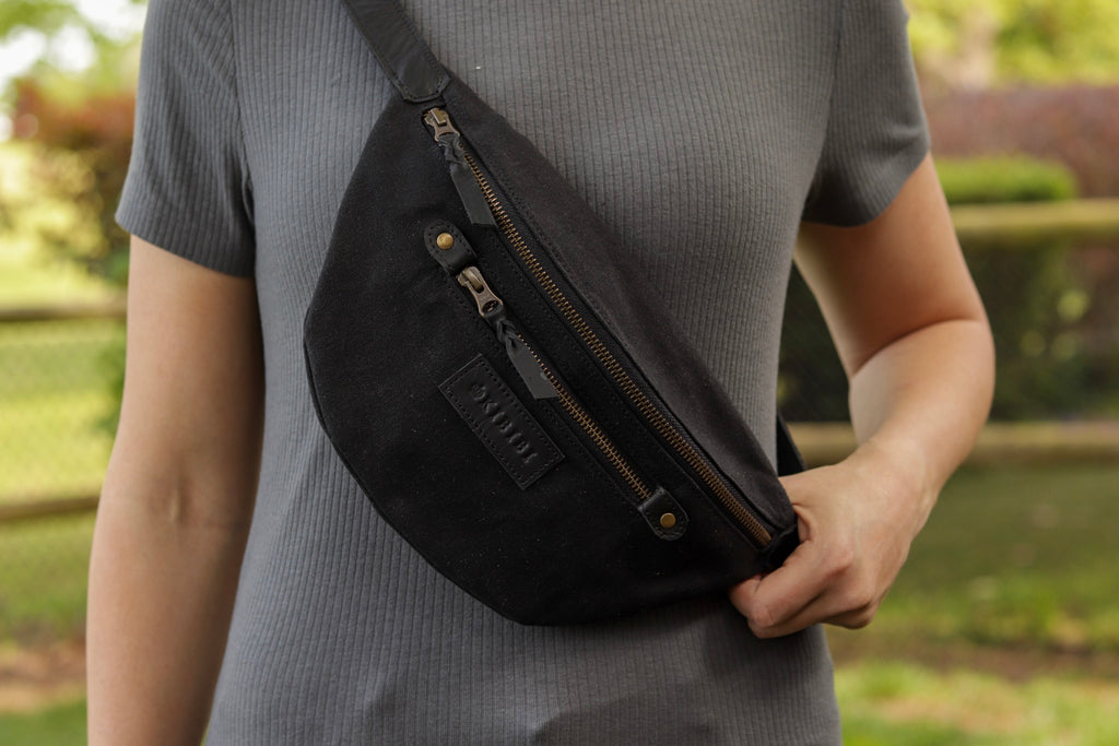Black Canvas and Black Leather Fanny Pack