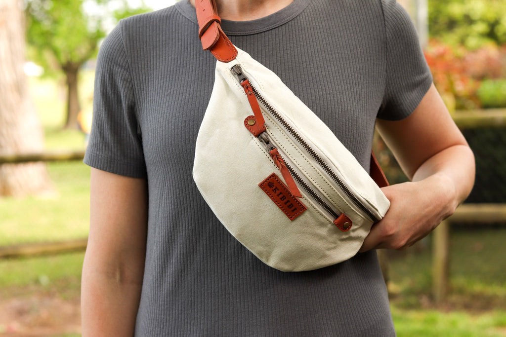 White Canvas and Chestnut Leather Fanny Pack