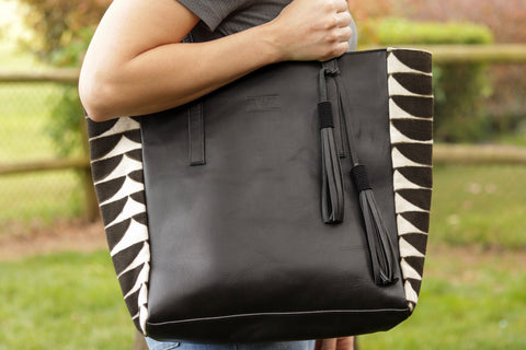 Black Leather and Authentic Mudcloth Tote Circle Pattern