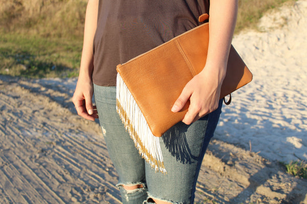 Tan and White Stripe Clutch