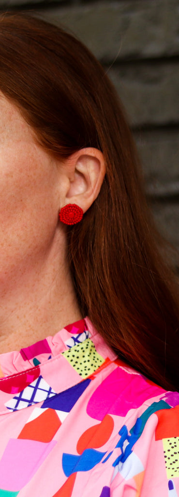 Red Beaded Stud Earring