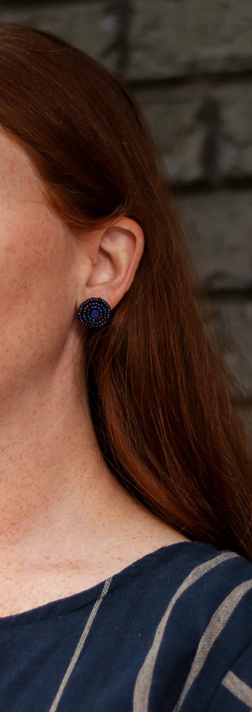 Iridescent Navy Blue Beaded Stud Earring