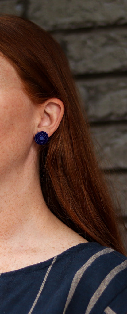 Navy Blue Beaded Stud Earring