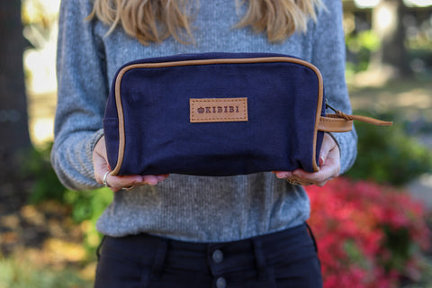Navy and Tan Leather Wash Bag