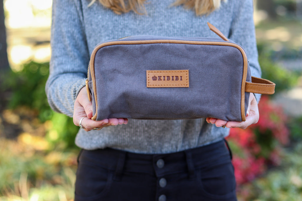 Grey Canvas and Tan Leather Wash Bag