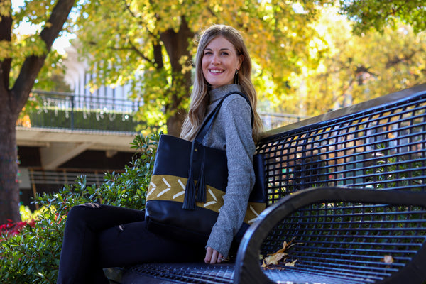 Black Leather and Mustard Mudcloth Tote