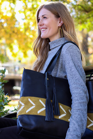 Black Leather and Mustard Mudcloth Tote
