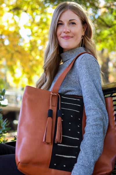 Chestnut Leather and Black Mudcloth Tote