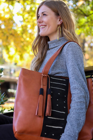 Chestnut Leather and Black Mudcloth Tote