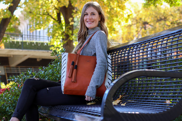 Chestnut Leather and White Mudcloth Tote