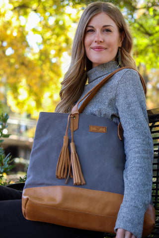 Dark Grey Canvas and Tan Leather Tote