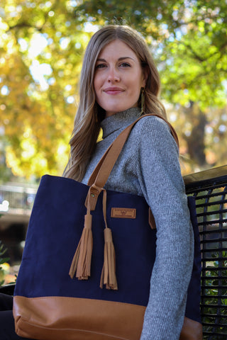 Navy Canvas and Tan Leather Tote