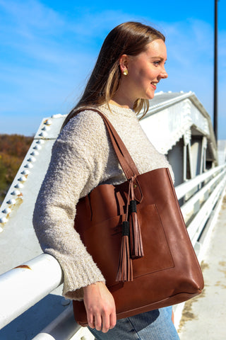All Leather Brown Tote with Outer Pocket