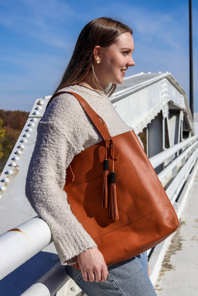 All Leather Chestnut Tote with Outer Pocket