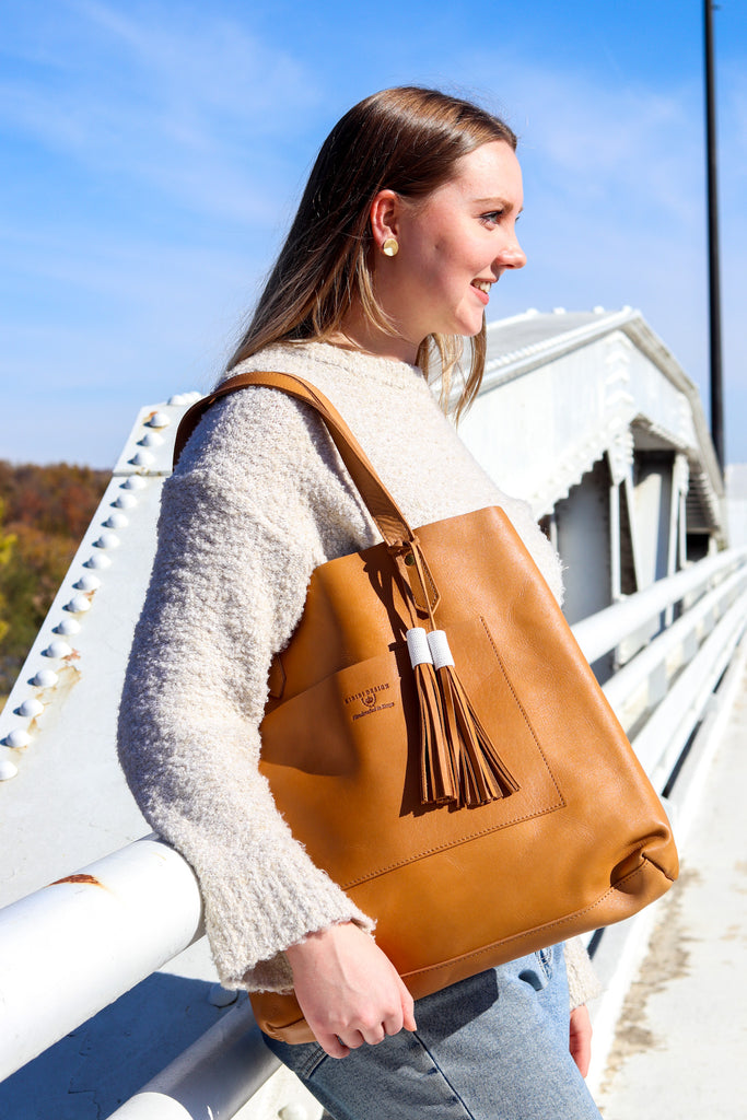 All Leather Tan Tote with Outer Pocket