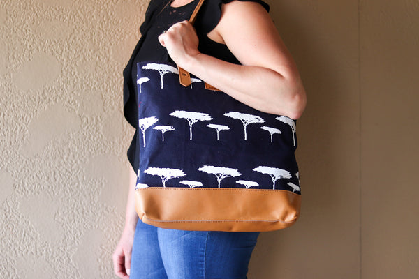 Navy Mara Tote with Leather