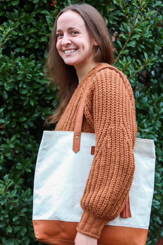 White Canvas and Chestnut Leather Tote