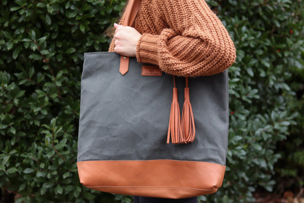 Green Canvas and Chestnut Leather Tote