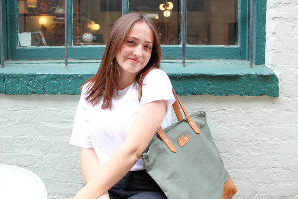 Green Canvas and Chestnut Leather Tote
